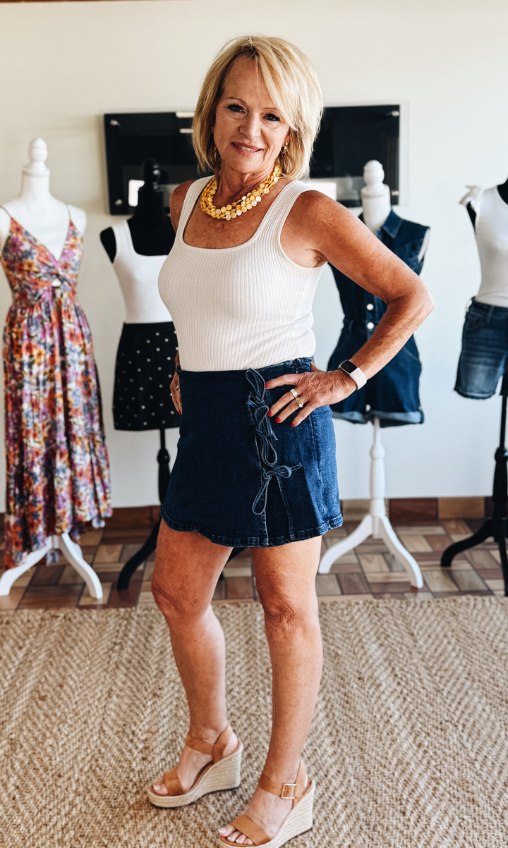 Unraveled Denim Midi Skort