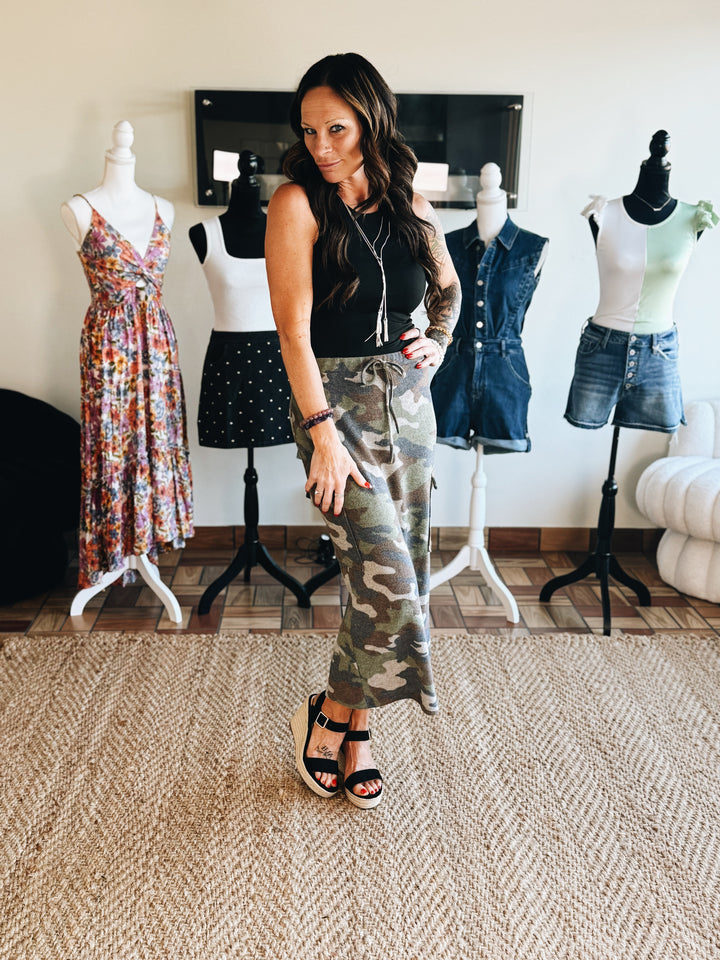 Break Rank Camo Midi Skirt