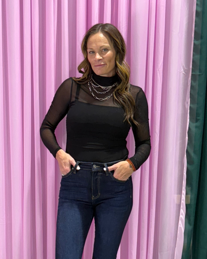 The Sleek Intent – Sheer Panel Mock Neck Top