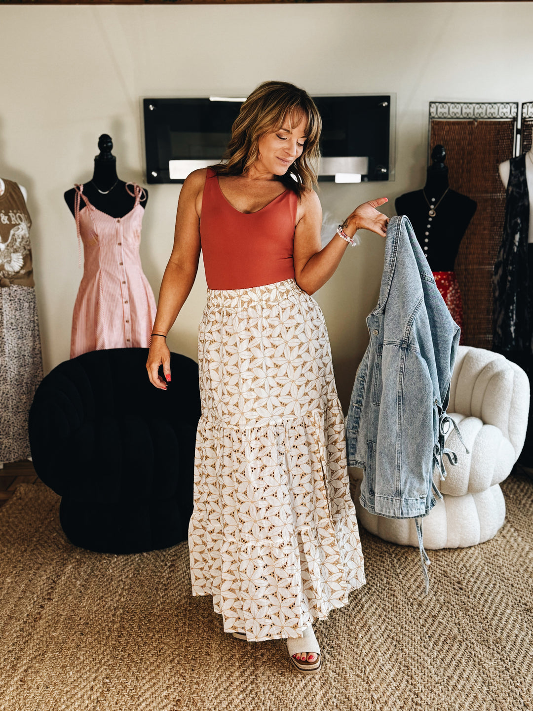 The Sandstone Eyelet Midi Skirt