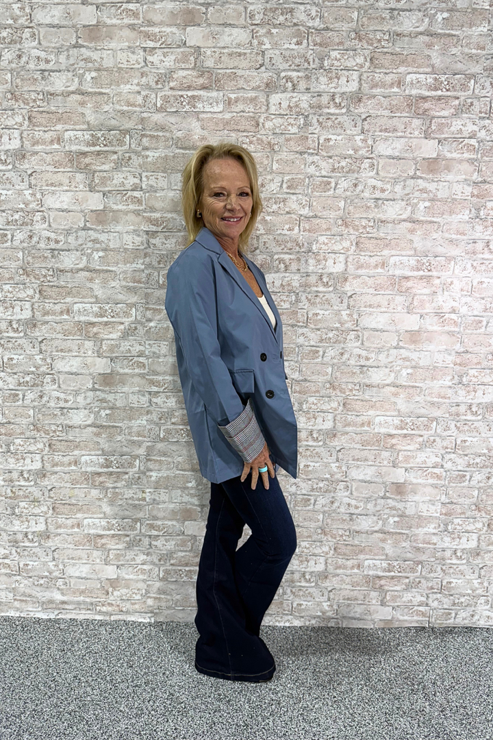 The Clean Cut-Structured Blue Blazer with Pattern Cuff