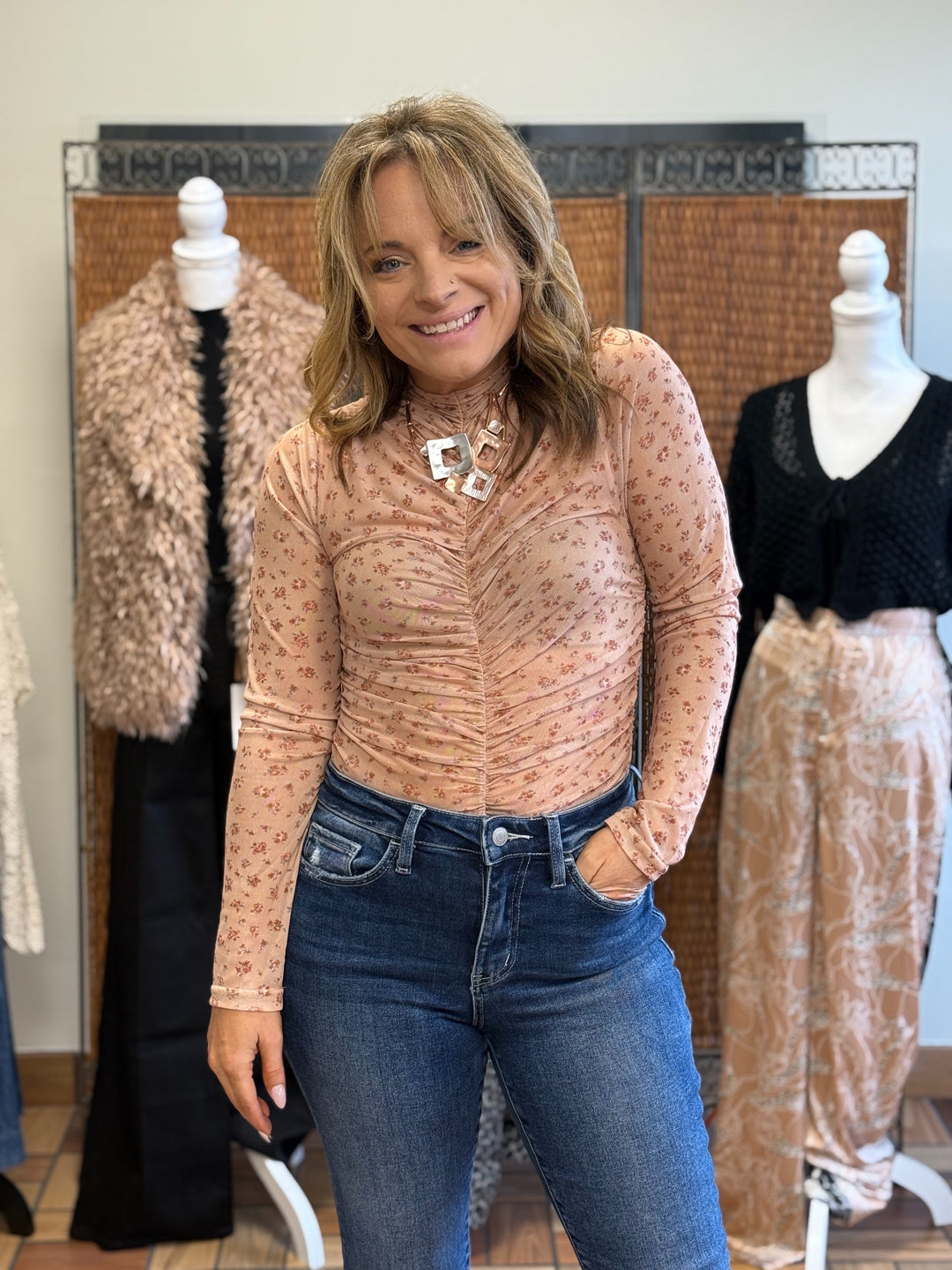 Soft Focus Ruched Mesh Top