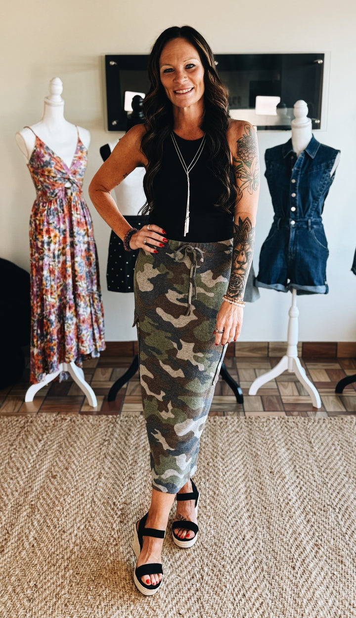 Break Rank Camo Midi Skirt