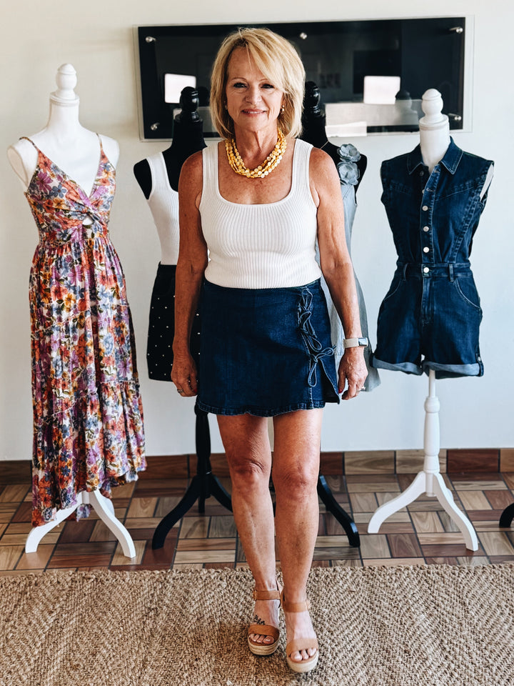 Unraveled Denim Midi Skort