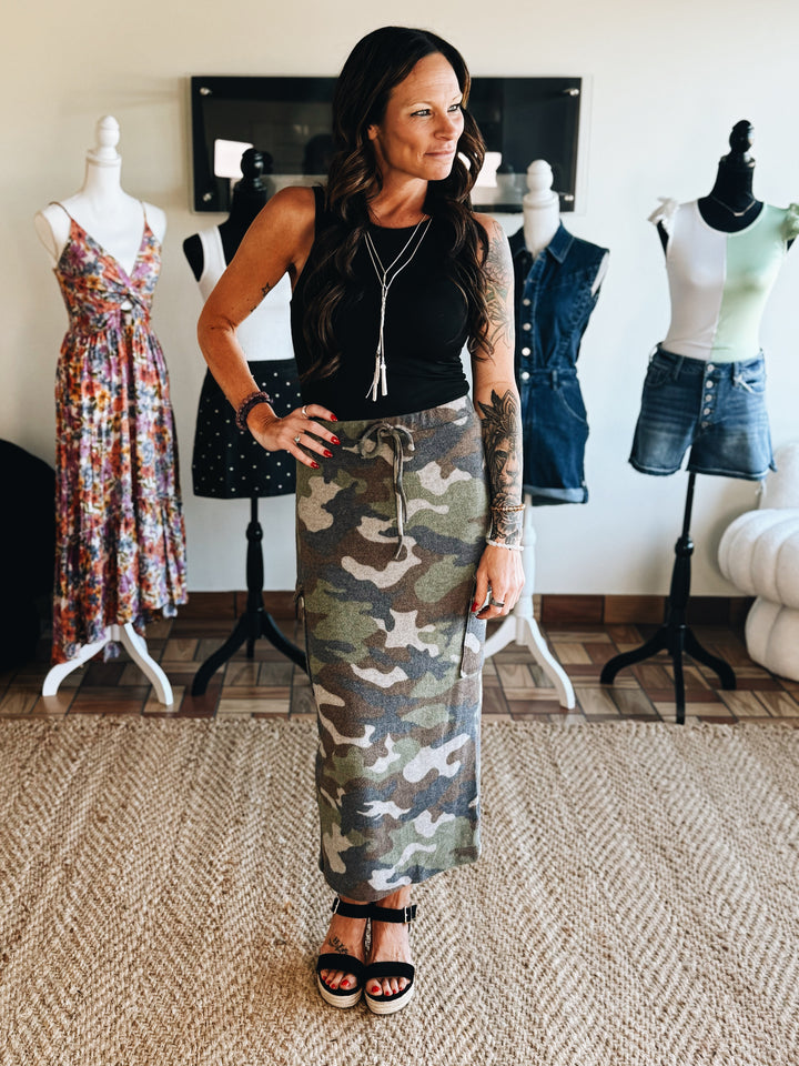 Break Rank Camo Midi Skirt