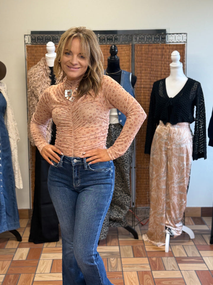 Soft Focus Ruched Mesh Top