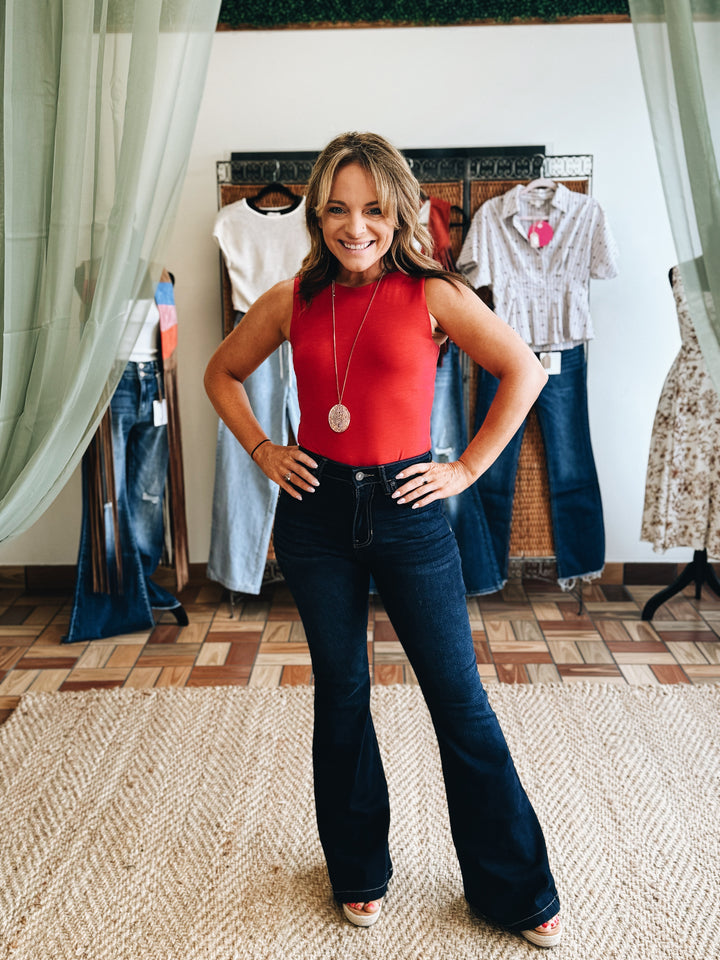 The Sculpted Rise – Dark Flared Denim Jean