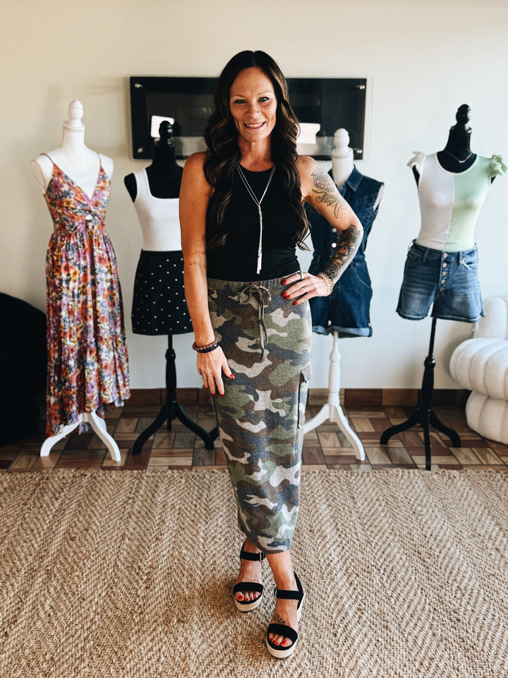 Break Rank Camo Midi Skirt