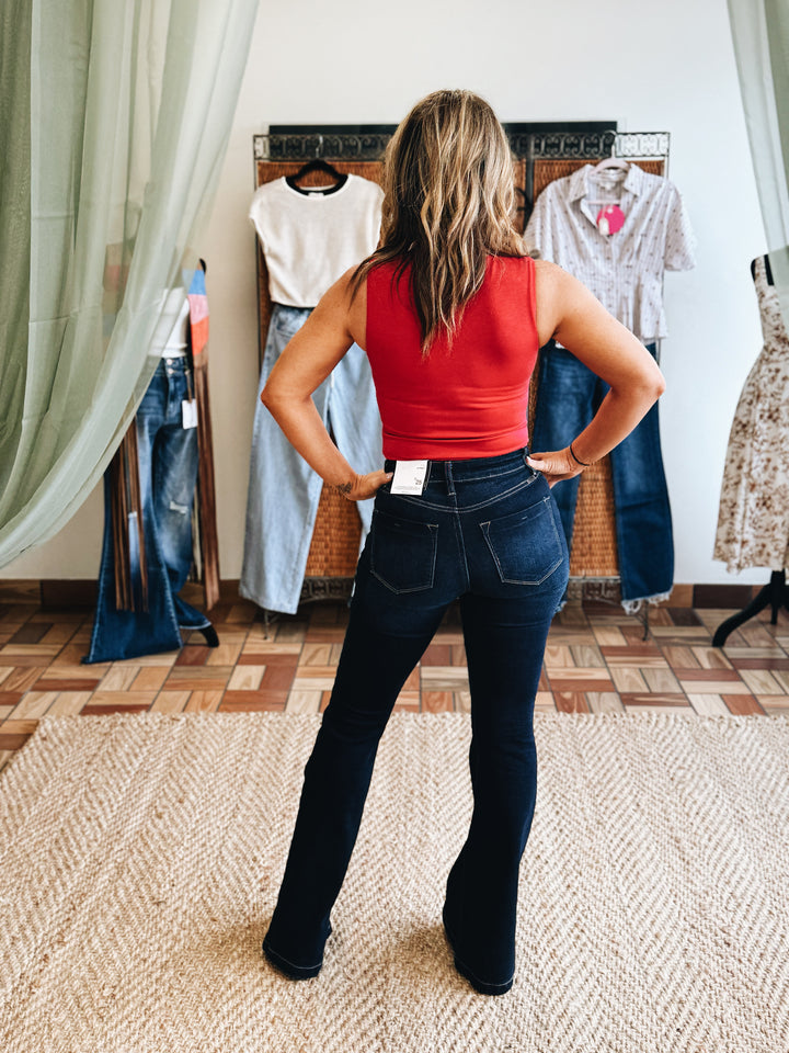 The Sculpted Rise – Dark Flared Denim Jean