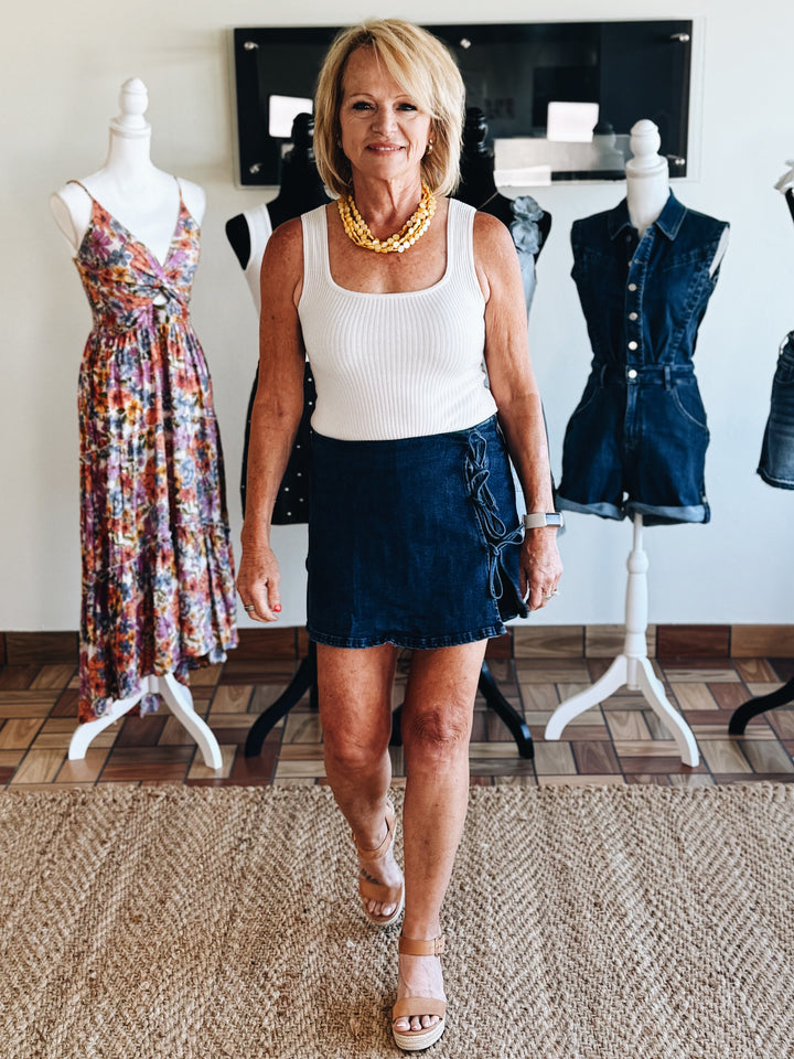 Unraveled Denim Midi Skort