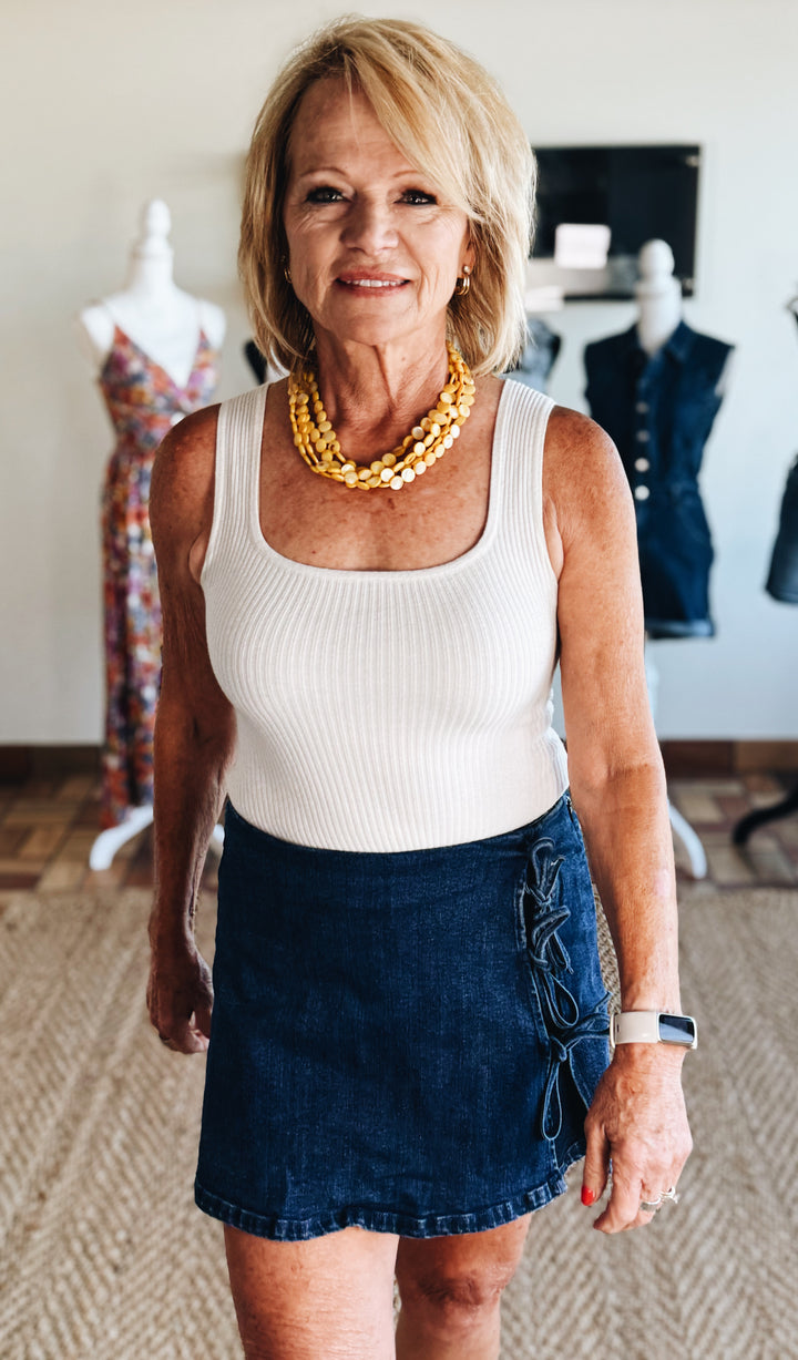 Unraveled Denim Midi Skort