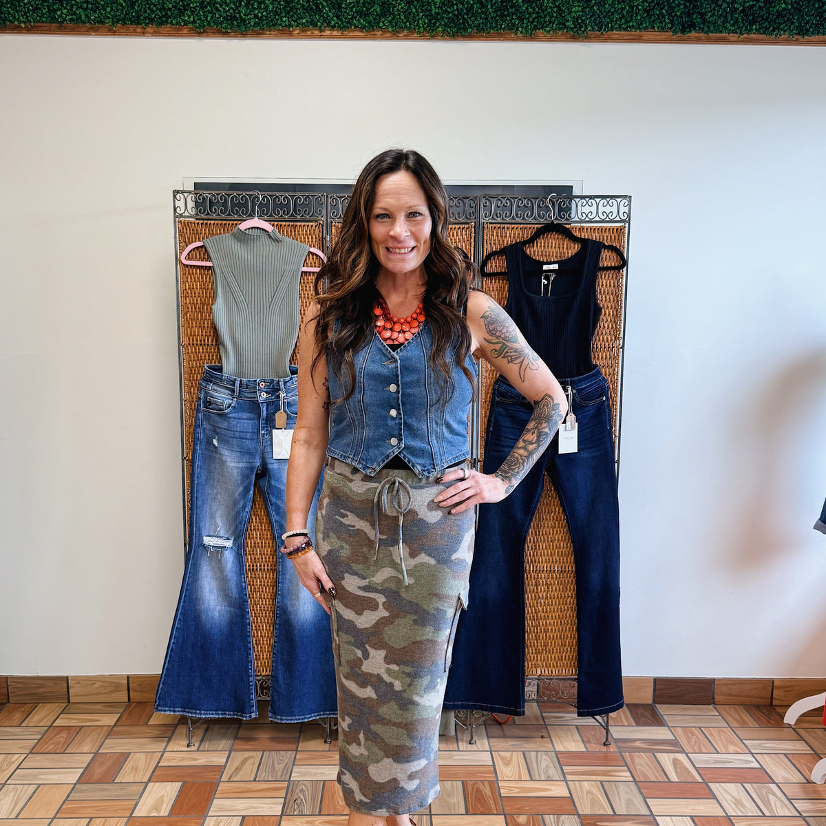 Edgy denim and structured outfit