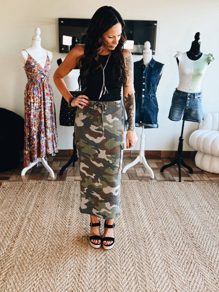 Break Rank Camo Midi Skirt