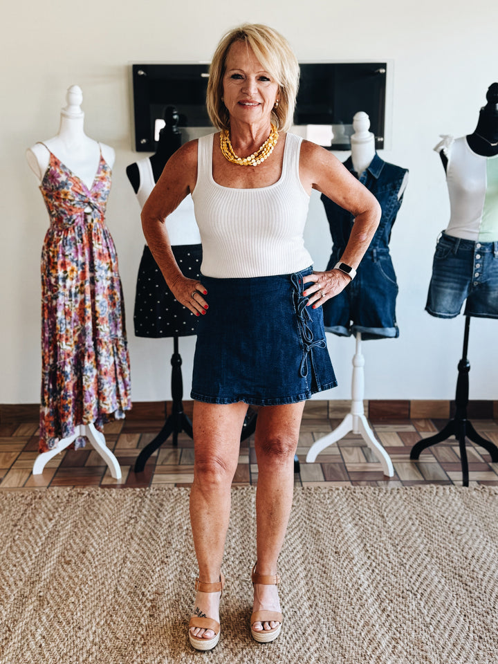 Unraveled Denim Midi Skort