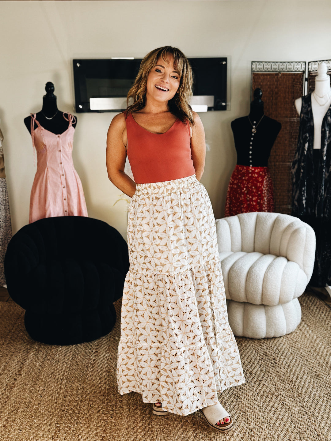 The Sandstone Eyelet Midi Skirt