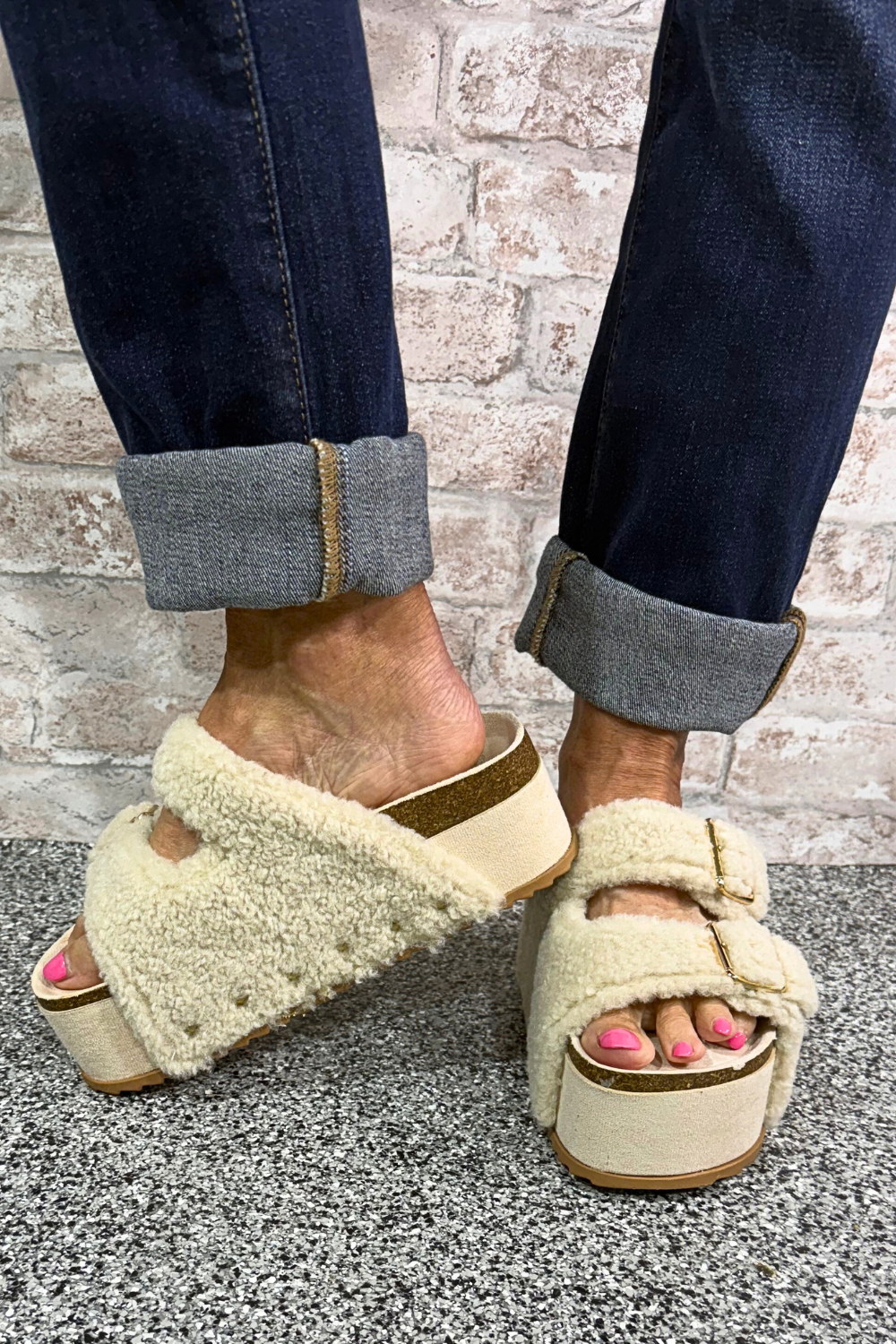 The Horizon Step-Ivory Fleece Buckled Platform Sandal