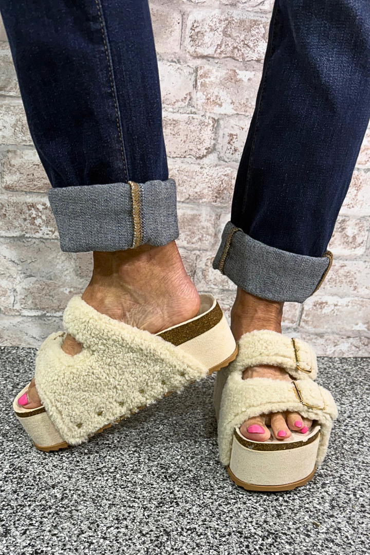 The Horizon Step-Ivory Fleece Buckled Platform Sandal